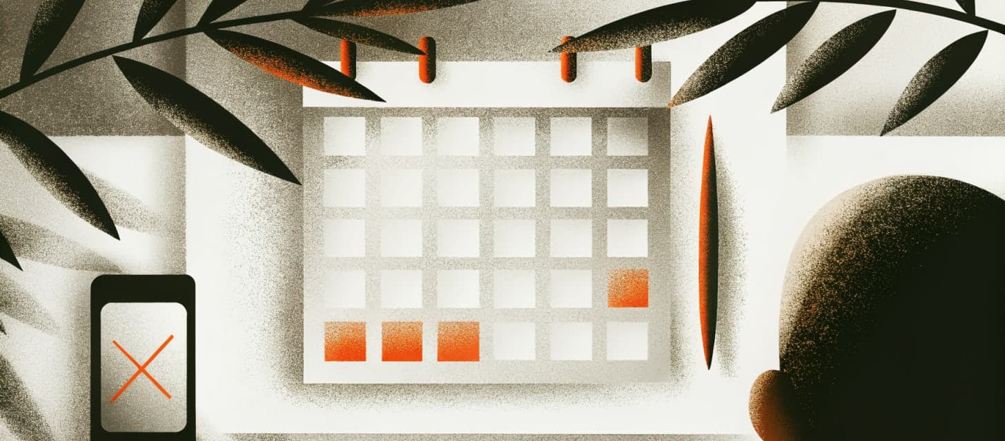 Calendar with blocked-out sessions and a phone showing a reminder notification