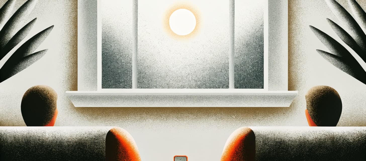 Softly lit therapist office at end of day with two facing armchairs and a phone glowing mid-ring on a side table, warm window light, no people in frame