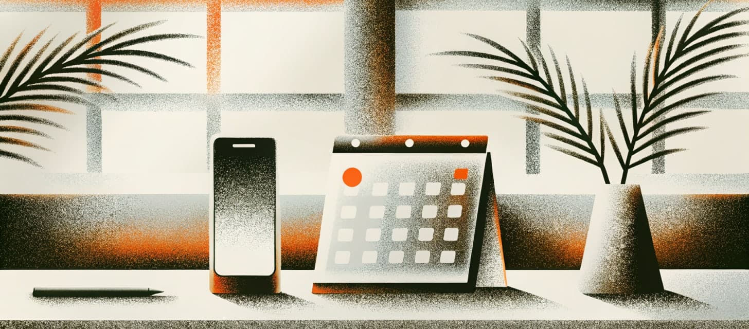 A desk phone glowing with a missed-call indicator beside an open appointment calendar in warm late-evening light