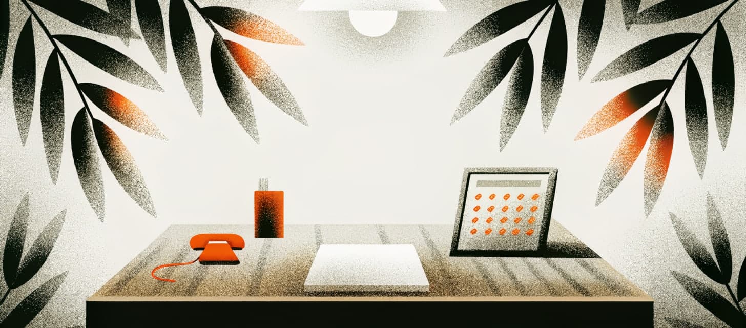 A modern desk phone on a clean wooden desk with a soft glow above the receiver, calendar and notepad nearby in warm morning light